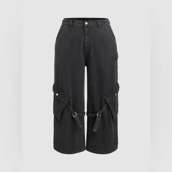 Cider baggy cargo pants strap detail black size medium - Picture 1 of 8